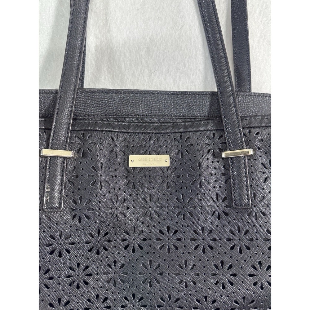Kate Spade New York Tote Bag Black Perforated Laser Cut Floral Leather Large